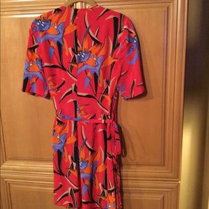 Diane Von Furstenberg Red Floral Wrap Dress with Blue and Orange Accents